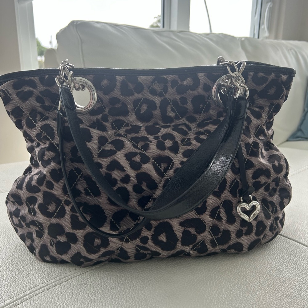 Brighton Quilted Leopard Print Tote Leather Straps Heart Charm